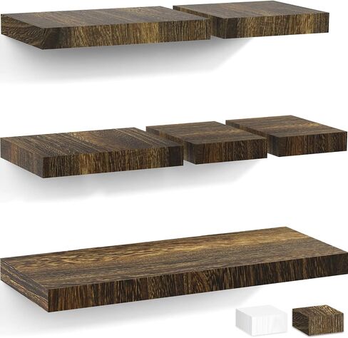 Brown Floating Shelves Wall Mounted Set of 6, 5 Sizes Wood Wall Corner Shelves, Hanging Book Shelf with Invisible Bracket for Display Pictures Plants Study Office Wall Storage and Decoration in Saudi Arabia
