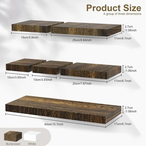 Brown Floating Shelves Wall Mounted Set of 6, 5 Sizes Wood Wall Corner Shelves, Hanging Book Shelf with Invisible Bracket for Display Pictures Plants Study Office Wall Storage and Decoration in Saudi Arabia