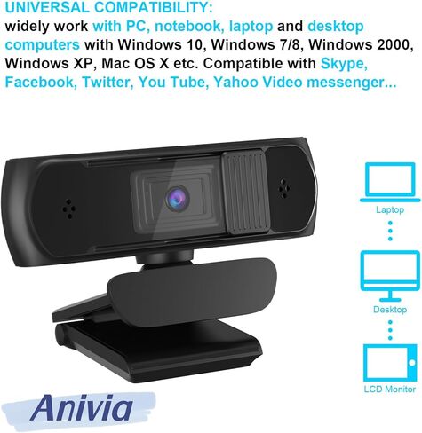 كاميرا ويب HD 1080P Pro مع غطاء للخصوصية وحامل ثلاثي القوائم، مكالمات فيديو 5 ميجا بكسل/30 إطارًا في الثانية، صوت ستيريو واضح، تصحيح الضوء عالي الدقة، تعمل مع Skype، Zoom، FaceTime in Kuwait