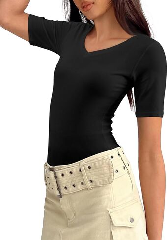 Florboom Women Summer V Neck Tops Basic Soft Half Sleeve Slim Fit Tee T-Shirts Blouse in Saudi Arabia