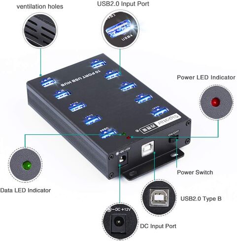 Sipolar-USB Hub- 10 Ports USB Data Hub-Industrial USB Powered Hub - USB 2.0 Hub for Mining, Bitcoin Miner in Kuwait