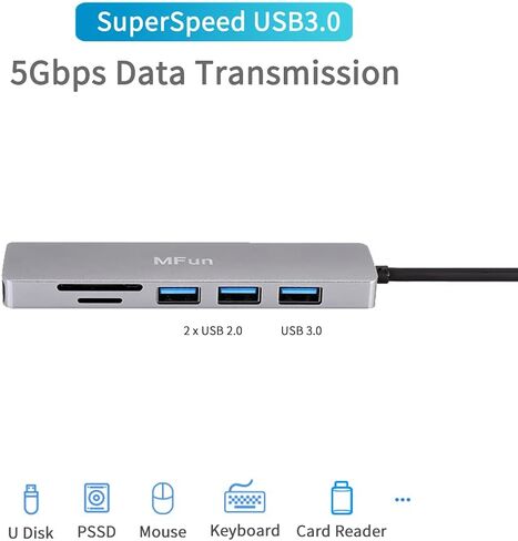 موزع USB C، محول MFun 6 في 1 USB C إلى HDMI مع منفذ USB 3.0، قارئ بطاقة SD/Micro SD، 4K HDMI متوافق مع أجهزة الكمبيوتر المحمولة USB C والأجهزة الأخرى من النوع C in Kuwait