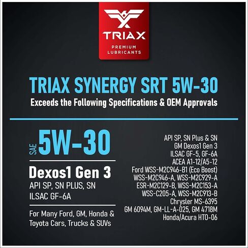 TRIAX Synergy SRT 5W-30; Full Synthetic PAO-Ester Engine Oil, 20K Mile Drain, Moly/Boron Friction Modified, API SP Licensed, Dex2 Gen 3, 3x Wear Protection (1 Quart) in Saudi Arabia