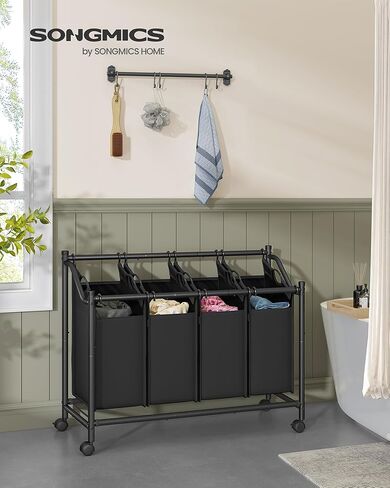 SONGMICS Laundry Sorter, Rolling Laundry Basket with 4 Removable Bags, Laundry Hamper, Laundry Cart, for Laundry Room, Bedroom, Bathroom, 4 x 11.9 Gallons, Ink Black URLS103B01 in Kuwait