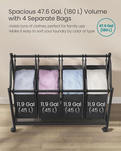 SONGMICS Laundry Sorter, Rolling Laundry Basket with 4 Removable Bags, Laundry Hamper, Laundry Cart, for Laundry Room, Bedroom, Bathroom, 4 x 11.9 Gallons, Ink Black URLS103B01 in Kuwait