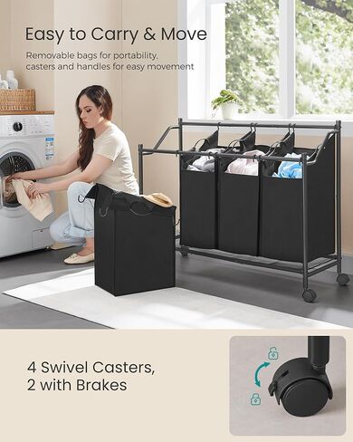 SONGMICS Laundry Sorter, Rolling Laundry Basket with 4 Removable Bags, Laundry Hamper, Laundry Cart, for Laundry Room, Bedroom, Bathroom, 4 x 11.9 Gallons, Ink Black URLS103B01 in Kuwait