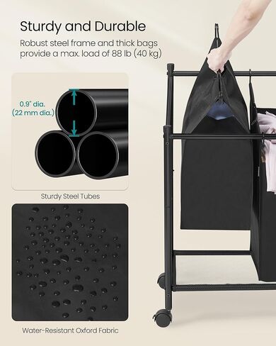 SONGMICS Laundry Sorter, Rolling Laundry Basket with 4 Removable Bags, Laundry Hamper, Laundry Cart, for Laundry Room, Bedroom, Bathroom, 4 x 11.9 Gallons, Ink Black URLS103B01 in Kuwait