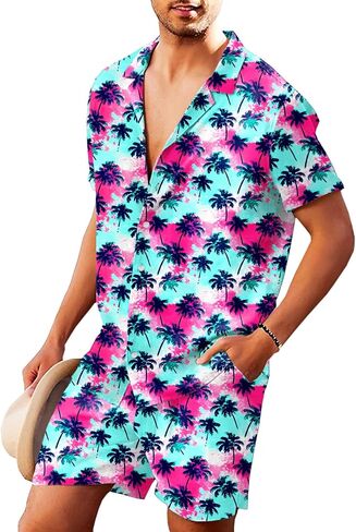 مجموعة قمصان وسروال قصير للرجال من AOBUTE هاواي مكونة من قطعتين على الشاطئ بأزرار سفلية استوائية in Kuwait