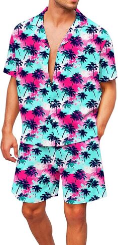 مجموعة قمصان وسروال قصير للرجال من AOBUTE هاواي مكونة من قطعتين على الشاطئ بأزرار سفلية استوائية in Kuwait