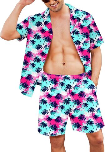 مجموعة قمصان وسروال قصير للرجال من AOBUTE هاواي مكونة من قطعتين على الشاطئ بأزرار سفلية استوائية in Kuwait