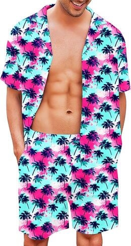 مجموعة قمصان وسروال قصير للرجال من AOBUTE هاواي مكونة من قطعتين على الشاطئ بأزرار سفلية استوائية in Kuwait