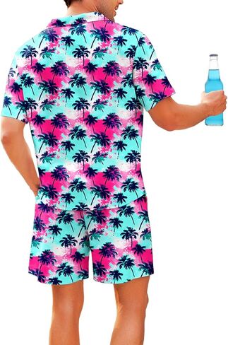 مجموعة قمصان وسروال قصير للرجال من AOBUTE هاواي مكونة من قطعتين على الشاطئ بأزرار سفلية استوائية in Kuwait