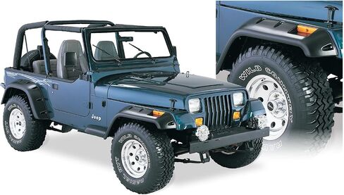 Bushwacker Jeep انقطاع الجيب / نمط برشام مشاعل الحاجز الأمامي والخلفي | طقم مكون من 4 قطع، أسود، لمسة نهائية مزخرفة | 10909-07 | يناسب 1987-1995 جيب رانجلر YJ (باستثناء رينيجيد) in Kuwait