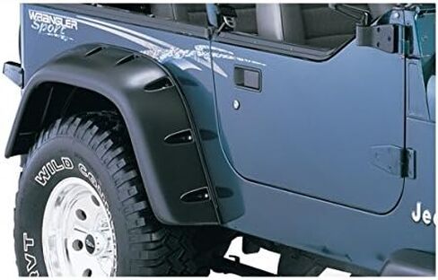 Bushwacker Jeep انقطاع الجيب / نمط برشام مشاعل الحاجز الأمامي والخلفي | طقم مكون من 4 قطع، أسود، لمسة نهائية مزخرفة | 10909-07 | يناسب 1987-1995 جيب رانجلر YJ (باستثناء رينيجيد) in Kuwait