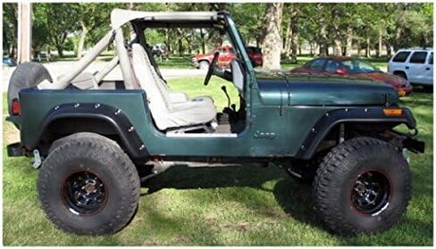 Bushwacker Jeep انقطاع الجيب / نمط برشام مشاعل الحاجز الأمامي والخلفي | طقم مكون من 4 قطع، أسود، لمسة نهائية مزخرفة | 10909-07 | يناسب 1987-1995 جيب رانجلر YJ (باستثناء رينيجيد) in Kuwait