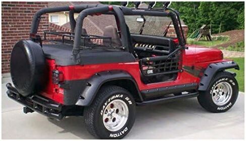 Bushwacker Jeep انقطاع الجيب / نمط برشام مشاعل الحاجز الأمامي والخلفي | طقم مكون من 4 قطع، أسود، لمسة نهائية مزخرفة | 10909-07 | يناسب 1987-1995 جيب رانجلر YJ (باستثناء رينيجيد) in Kuwait