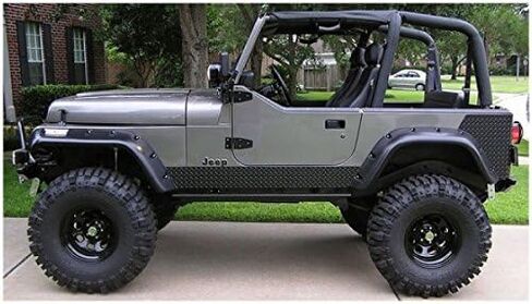 Bushwacker Jeep انقطاع الجيب / نمط برشام مشاعل الحاجز الأمامي والخلفي | طقم مكون من 4 قطع، أسود، لمسة نهائية مزخرفة | 10909-07 | يناسب 1987-1995 جيب رانجلر YJ (باستثناء رينيجيد) in Kuwait