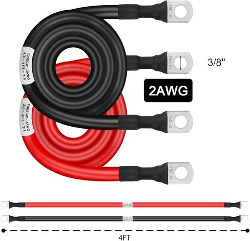 كابل بطارية 2 قياس 2 قدم، كابلات عاكس طاقة البطارية 2AWG (1 إيجابي و1 سلبي) مع أطراف عروات 3/8 بوصة للسيارات والقوارب البحرية الشمسية والدراجات النارية والسيارات RV in Kuwait