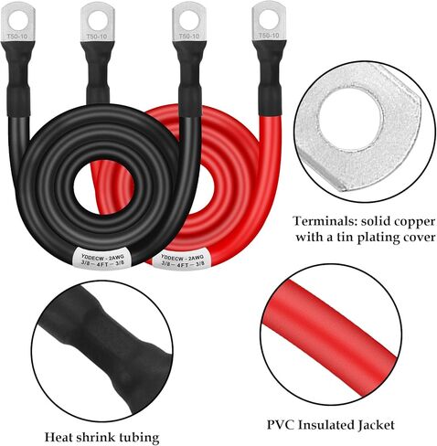 كابل بطارية 2 قياس 2 قدم، كابلات عاكس طاقة البطارية 2AWG (1 إيجابي و1 سلبي) مع أطراف عروات 3/8 بوصة للسيارات والقوارب البحرية الشمسية والدراجات النارية والسيارات RV in Kuwait