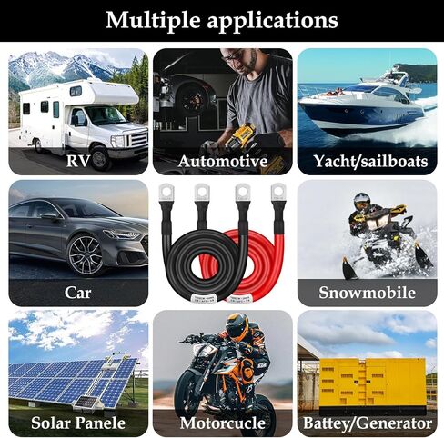 كابل بطارية 2 قياس 2 قدم، كابلات عاكس طاقة البطارية 2AWG (1 إيجابي و1 سلبي) مع أطراف عروات 3/8 بوصة للسيارات والقوارب البحرية الشمسية والدراجات النارية والسيارات RV in Kuwait