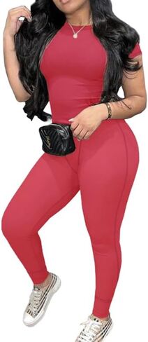 Women 2 Piece Workout Sets Two Piece Outfits Ribbed Short Sleeve Legging Lounge Matching Activewear Gym Tracksuits in Saudi Arabia