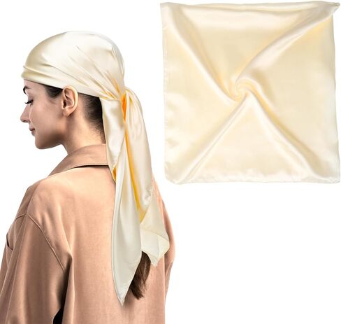 DIVINA VITAE 35" Large Satin Scarf Beige Head Scarf Beige Silk Hair Wrap for Sleeping Large Satin Head Scarf for Women Fashion Square Beige Bandanas Large Head Scarves for Sleeping Head Wraps in Kuwait