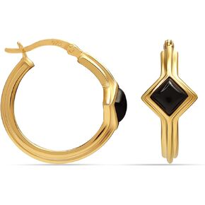 Charmsy 925 Sterling Silver SMALL 14K Gold-Plated Black Onyx Hoop Earrings for Women Teen