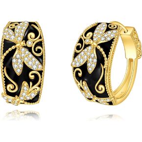 Black Hoop Earrings Sterling Silver and Gold Small Dragonfly/Hummingbird/Butterfly/Bee Earrings Hoops Jewelry Gifts for Women Girls
