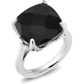 Gem Stone King 925 Sterling Silver Cushion Checkerboard Black Onyx and White Diamond Ring For Women (8.27 Cttw, Gemstone Birthstone, Available In Size 5, 6, 7, 8, 9)