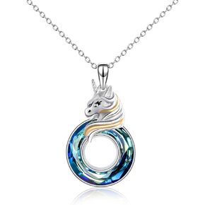 AOBOCO Unicorn Gifts, 925 Sterling Silver Unicorn Pendant Necklace with Circle Crystal, Birthday Jewelry Gift for Women Teen Girls Unicorn Lovers
