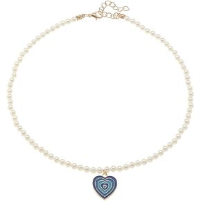 Retro Enamel Gradient Color Heart-shaped Pendant Necklace Colorful Faux Pearl Beaded Chain Love Heart Necklace for Women Girl Teen Adjustable Vintage Valentine's Day Jewelry Gift