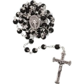 Rosary with Glass Hail Mary Beads | Delicate Metal Cap Design | Blue or Black | Catholic Meditation Prayer | Great Christian Gift for First Holy Communion and Confirmation