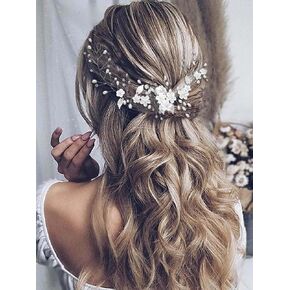 Unicra Silver Bride Wedding Hair Vine Flower Bridal Hair Piece Pearl Hair Accessories Leaf Headpieces Jewelry for Women and Girls (12.5 Inches) (Silver)