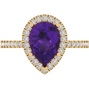 Clara Pucci 2.42ct Pear Cut Solitaire with Accent Halo Natural Amethyst gemstone designer Modern Statement Ring Solid 14k Yellow Gold