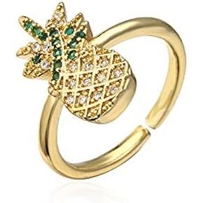 Cute Pineapple Cubic Zirconia Statement Rings for Women Girls Teen Thin Band Stacking Finger Expandable Open Adjustable Size Gold Plated Elegant Sparkly Dainty Fashion Fruit Jewelry Wedding Promise