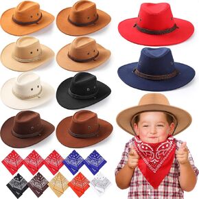Unittype 10 Pcs Kids Cowboy Hats Boy Western Party Felt Hat with 10 Paisley Bandanna Children Party Hat for Birthday Cosplay