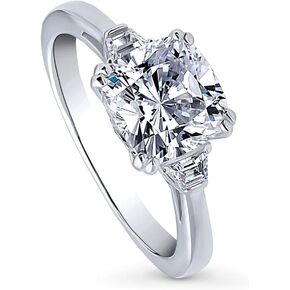 BERRICLE Sterling Silver 3-Stone Wedding Engagement Rings Cushion Cut Cubic Zirconia CZ Ring for Women, Rhodium Plated Size 4-10
