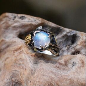 Hsitgexf Unique Vintage Flowering Twig Rainbow Moonstone Engagement Ring for Women,Victorian Style Solitaire Ring Thai Silver Jewelry (US Size 9)