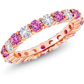 Gem Stone King 1.33 Ct Round Pink Sapphire and White Created Sapphire 18K Rose Gold Plated Silver Eternity Band Ring