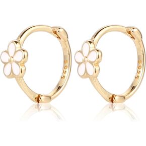 925 Sterling Silver Daisy Hoop Earrings, Flower Hoop Earrings Stylish Round Huggie Earrings Small Floral Daisy Jewelry for Women Pierced Cartilage Earrings Hoop Gifts for Girls(Gold)
