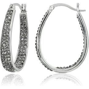 Crystal Hoop Earrings Silver Tone Crystal Inside-Out Oval Hoops for Women