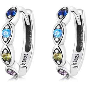 Rainbow Evil Eye Small Hoop Earrings Sterling Silver 925 Colorful Crystal Rhinestone CZ 10mm Cartilage Round Huggie Hoops Tragus Earring Cuff Studs Fashion Jewelry Gifts for Women Girls