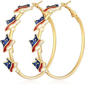 4th of July USA Star Hoop Earrings for Women Girls American Flag Festive Enamel Patriotic USA Star Charm Hoop Dangle Earring for Memorial Day Independence Day Gift for Party Carnival