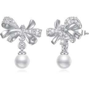 Sterling Silver Pearl Bow Earrings for Women 5-6mm Freshwater Pearl Bow Drop Earrings Ribbon Bow Stud Earrings Freshwater Pearl Drop Stud Earrings