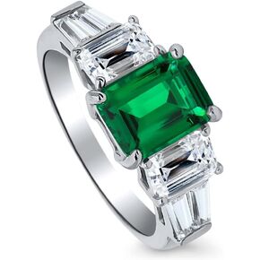 BERRICLE Sterling Silver 3-Stone Engagement Rings Emerald Cut Cubic Zirconia CZ Cocktail Anniversary Ring for Women, Rhodium Plated Size 4-10