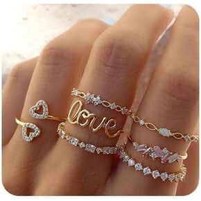 Gold Rings Set Knuckle Rings Set Rhinestone Ring Sets Stackable Rings Adjustable Knuckle Ring Jewelry for Women and Teens Girls 7PCS
