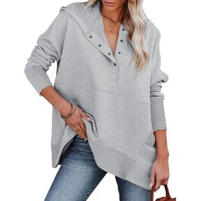 ROYLAMP Women's Button V Neck Hoodies Thumb Holes Long Sleeve Pullover Spring Plus Size Sweatshirt Tops with Pockets