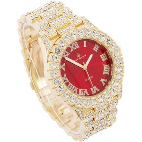 Mens Gold Big Rocks Bezel Blood Red Dial with Roman Numerals Fully Iced Out Watch w/Cuban Chain Bracelet & Ring Size - Blood Red/Gold - ST10327CRG