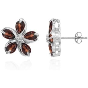 Sterling Silver Garnet Polished Flower Stud Earrings, One Pair Set