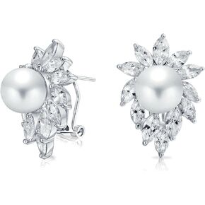 Classic Vintage Style Cocktail Bridal Wedding Party Halo Leaf AAA CZ Marquise White Simulated Pearl Stud Earrings For Women For Wedding Omega Back Silver Plated